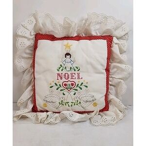 Small 10" X 9.5" Embroidered & Cross Stitched Ruffled‎ Christmas Pillow